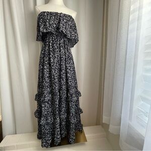 NWT Elegant Navy Blue Floral Sleeveless Strapless Tiered Dress Ankle Length